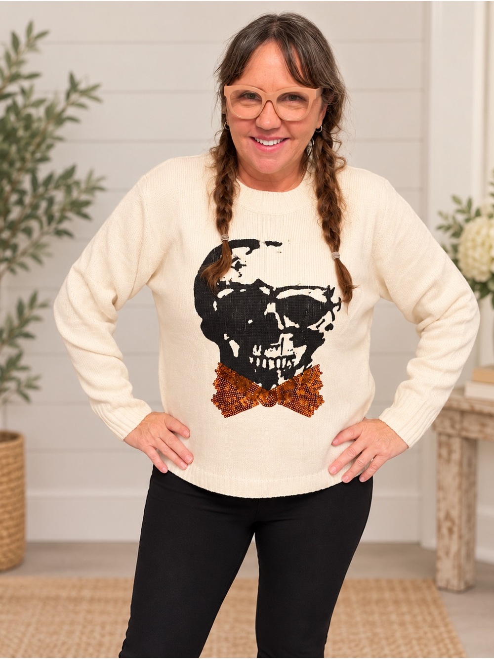 Panache Apparel Skull Bow Tie Sweater  Cream